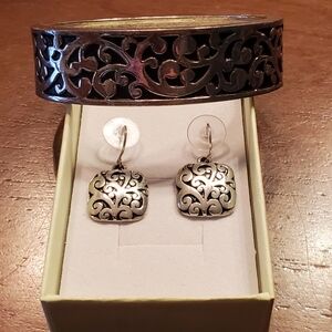 Vintage Silver Tone Scroll Hinged Bangle Bracelet & Earrings
